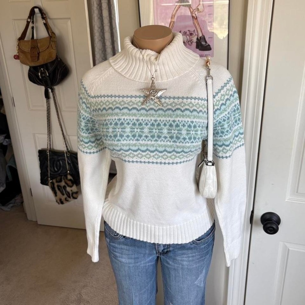 y2k cream knit turtleneck sweater fair isle Nordic